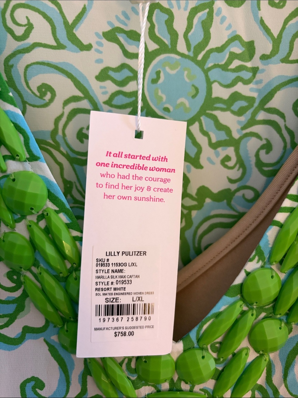 Lilly Pulitzer Green & White Printed Maxi Caftan - Picture 7 of 7